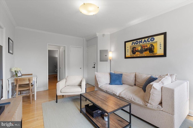 3028 Wisconsin Ave NW Unit 402, Washington, DC 20016 - living area featuring light wood-style floors, ornamental molding, and electric panel