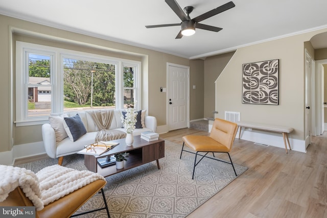 1224 W Mill St, Quakertown, PA 18951 - living room with a ceiling fan, light wood-style flooring, baseboards, crown molding, and arched walkways