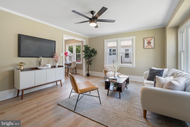 1224 W Mill St, Quakertown, PA 18951 - living room featuring light wood-type flooring, a ceiling fan, crown molding, and baseboards