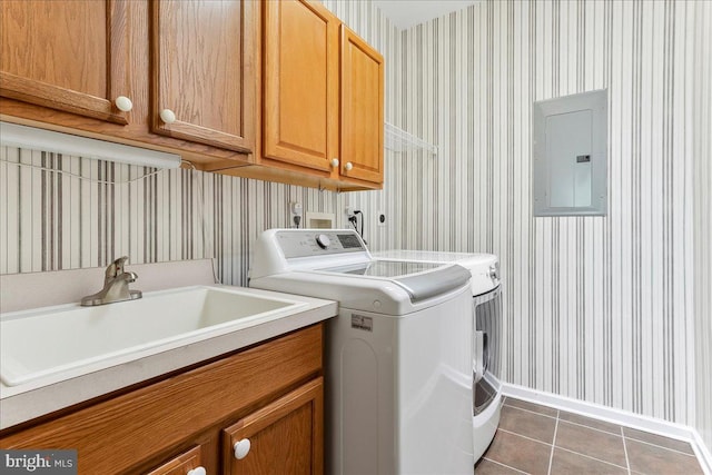 916 E Fox Hound Chase Chase, Glen Mills, PA 19342 - washroom with wallpapered walls, electric panel, washing machine and clothes dryer, cabinet space, and baseboards