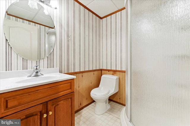 916 E Fox Hound Chase Chase, Glen Mills, PA 19342 - bathroom featuring wallpapered walls, vanity, toilet, a shower stall, and tile patterned floors