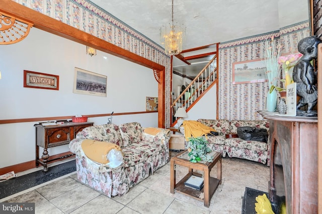 505 N Schroeder St, Baltimore, MD 21223 - living area featuring a chandelier, stairs, and tile patterned floors