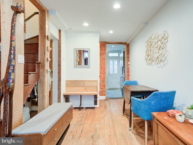 1510 N Leithgow St, Philadelphia, PA 19122 - corridor featuring light wood-style flooring, recessed lighting, brick wall, and baseboards