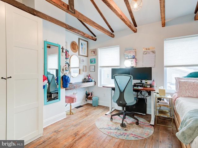 1510 N Leithgow St, Philadelphia, PA 19122 - home office featuring beam ceiling, hardwood / wood-style flooring, baseboards, and high vaulted ceiling