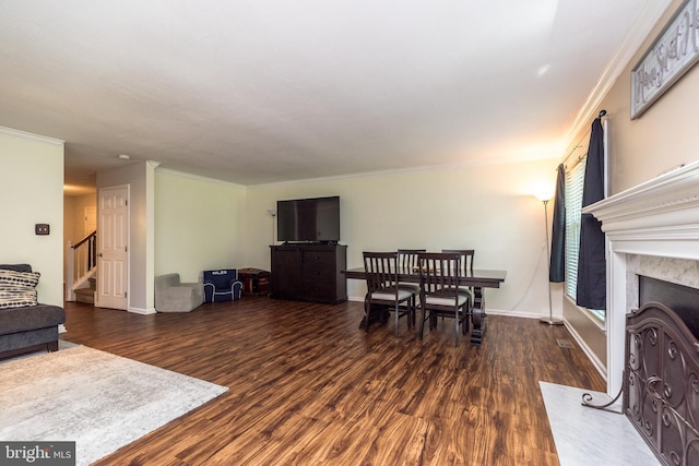 1993 Ryans Run, Lansdale, PA 19446 - living room featuring wood finished floors, a fireplace with flush hearth, stairway, ornamental molding, and baseboards