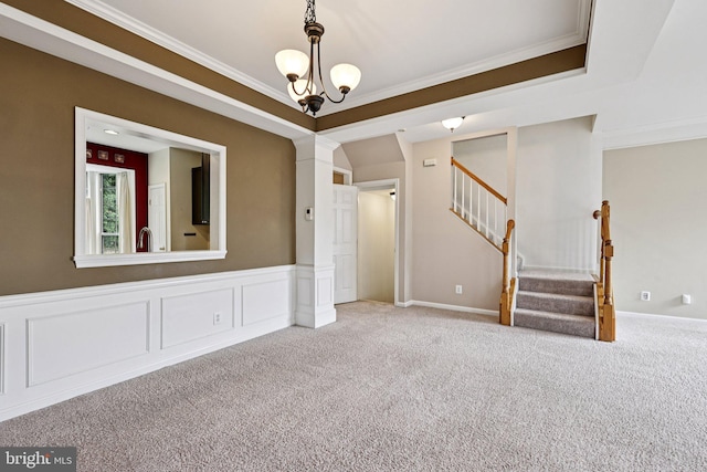 11793 Nates Pl, Woodbridge, VA 22192 - spare room featuring carpet floors, ornamental molding, stairs, and a chandelier
