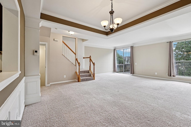 11793 Nates Pl, Woodbridge, VA 22192 - unfurnished room featuring ornamental molding, stairway, light colored carpet, and a chandelier