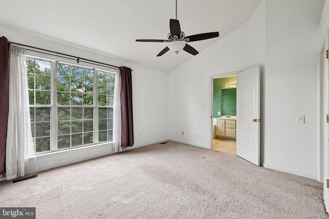 11793 Nates Pl, Woodbridge, VA 22192 - unfurnished bedroom with light carpet, connected bathroom, high vaulted ceiling, and ceiling fan