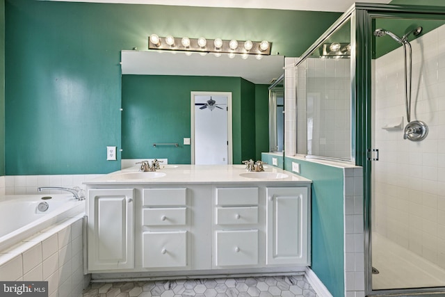 11793 Nates Pl, Woodbridge, VA 22192 - full bathroom with a shower stall, a ceiling fan, a bath, tile patterned floors, and double vanity
