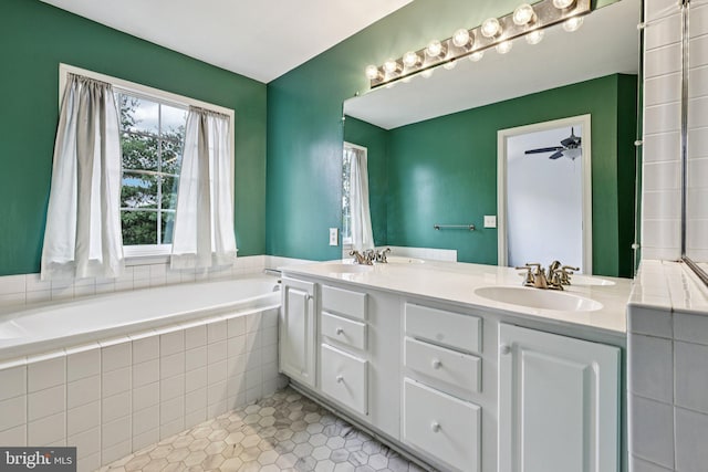 11793 Nates Pl, Woodbridge, VA 22192 - bathroom featuring tile patterned flooring, double vanity, a bath, and a ceiling fan