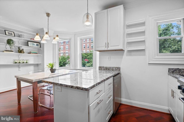 1832 Calvert St NW Unit 3, Washington, DC 20009 - kitchen with open shelves, a peninsula, white cabinetry, baseboards, and light stone counters
