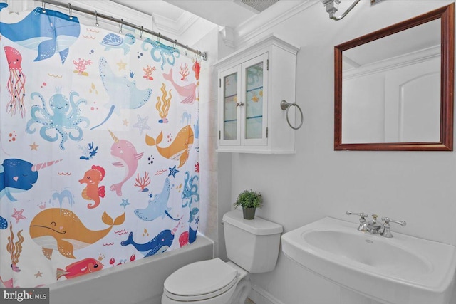 1832 Calvert St NW Unit 3, Washington, DC 20009 - full bathroom featuring shower / bathtub combination with curtain, toilet, a sink, and ornamental molding