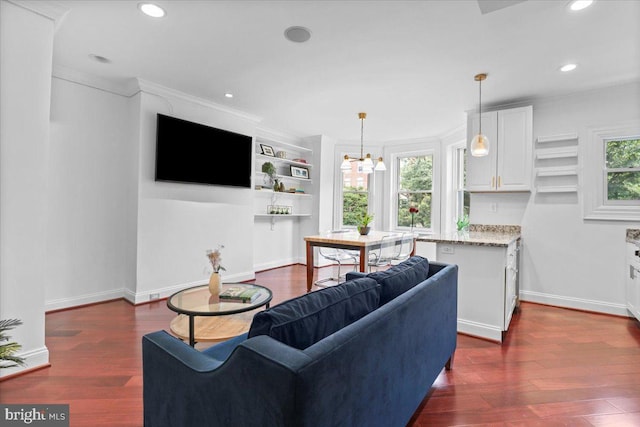 1832 Calvert St NW Unit 3, Washington, DC 20009 - living room with a chandelier, dark wood-type flooring, recessed lighting, baseboards, and built in features