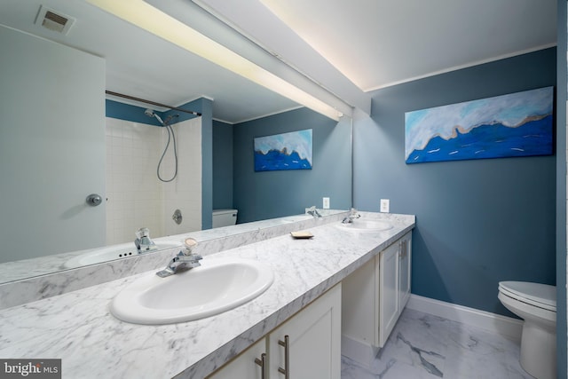 9500 Coastal Hwy Unit 1L, Ocean City, MD 21842 - bathroom with toilet, double vanity, a shower, marble look tile flooring, and baseboards
