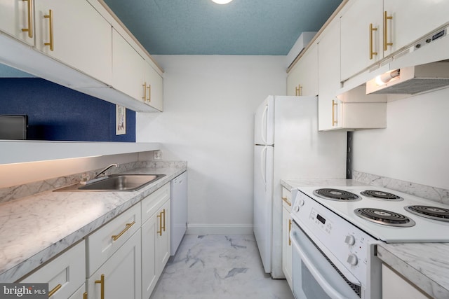 9500 Coastal Hwy Unit 1L, Ocean City, MD 21842 - kitchen with white appliances, under cabinet range hood, a sink, light marble finish flooring, and white cabinets