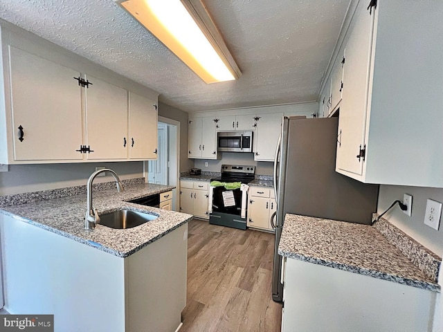 1045 S Bradford St, Dover, DE 19904 - kitchen with electric range, stainless steel microwave, light wood finished floors, a textured ceiling, and a peninsula