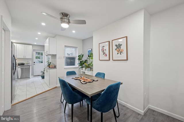 2174 E Oakdale St, Philadelphia, PA 19125 - dining space featuring ceiling fan, light wood-style flooring, and recessed lighting