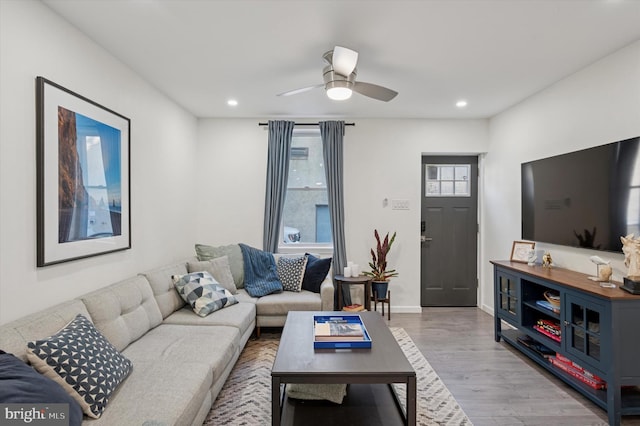 2174 E Oakdale St, Philadelphia, PA 19125 - living room featuring wood finished floors, a ceiling fan, and recessed lighting