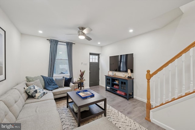 2174 E Oakdale St, Philadelphia, PA 19125 - living area featuring stairway, wood finished floors, recessed lighting, and a ceiling fan