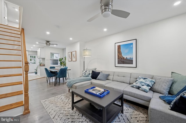 2174 E Oakdale St, Philadelphia, PA 19125 - living area featuring ceiling fan, stairs, recessed lighting, and light wood finished floors