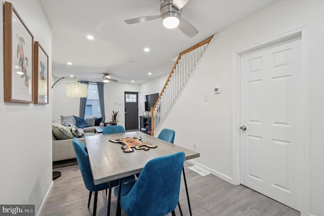 2174 E Oakdale St, Philadelphia, PA 19125 - dining space with ceiling fan, stairs, light wood-type flooring, and recessed lighting