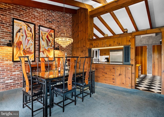 320 S Main St, Quakertown, PA 18951 - carpeted dining area featuring a chandelier, brick wall, and wooden walls