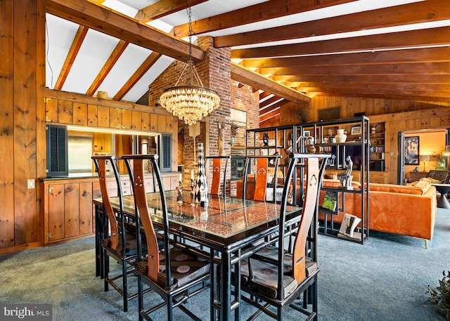 320 S Main St, Quakertown, PA 18951 - dining area with vaulted ceiling, a chandelier, carpet floors, and wood walls