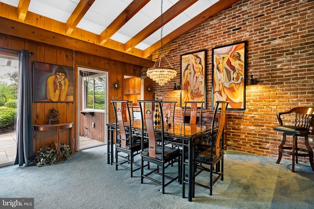 320 S Main St, Quakertown, PA 18951 - carpeted dining space featuring a chandelier, brick wall, high vaulted ceiling, beam ceiling, and a skylight