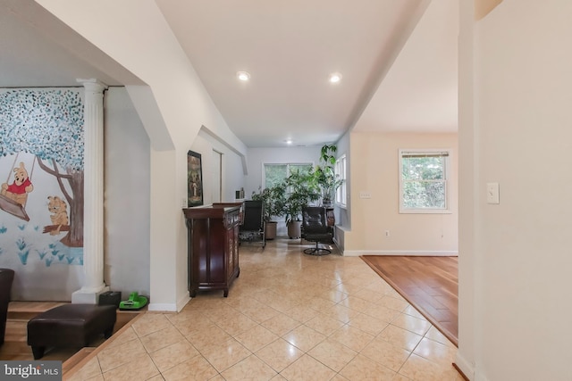 3603 John Ct, Annandale, VA 22003 - hall featuring decorative columns, baseboards, light tile patterned flooring, and recessed lighting