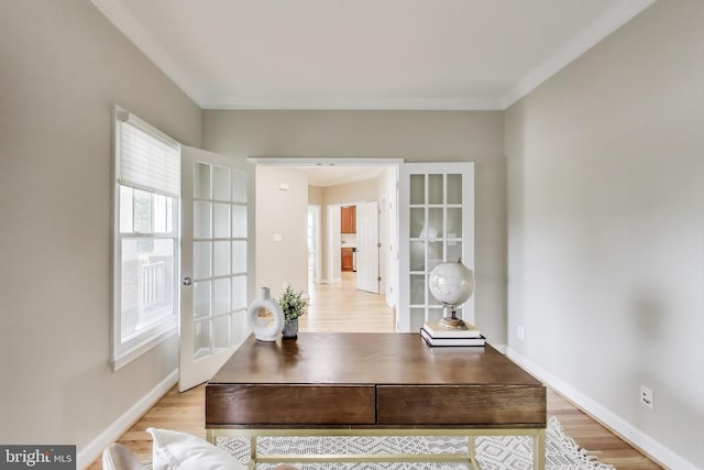 2177 S Glebe Rd, Arlington, VA 22204 - home office with ornamental molding, light wood finished floors, baseboards, and french doors