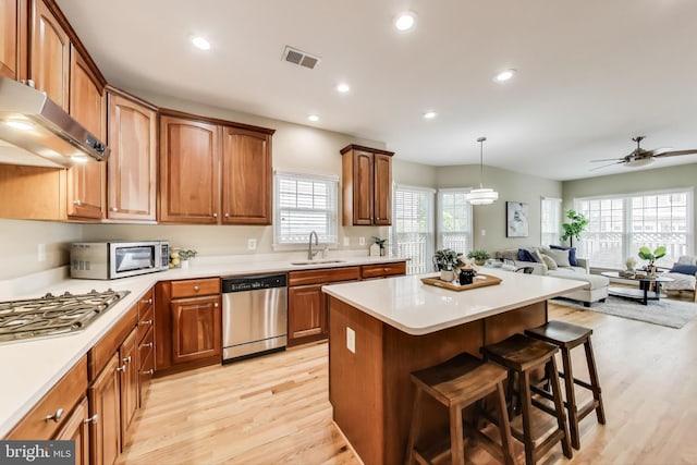 2177 S Glebe Rd, Arlington, VA 22204 - kitchen featuring stainless steel appliances, a sink, light wood-style floors, open floor plan, and extractor fan