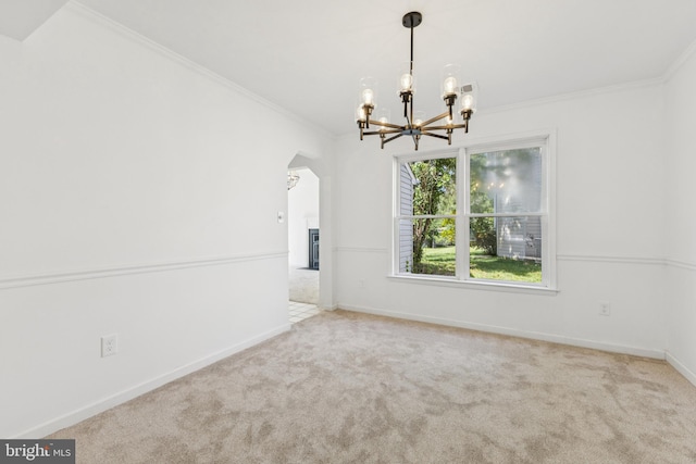 6248 Light Point Pl, Columbia, MD 21045 - carpeted spare room with arched walkways, a chandelier, and ornamental molding