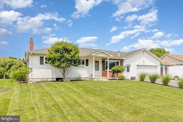 1503 Shirley Ave, Carlisle, PA 17013 - ranch-style house with a chimney, an attached garage, a front lawn, and roof with shingles