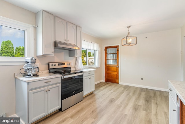 1503 Shirley Ave, Carlisle, PA 17013 - kitchen featuring stainless steel range with electric stovetop, under cabinet range hood, light countertops, and light wood-style flooring