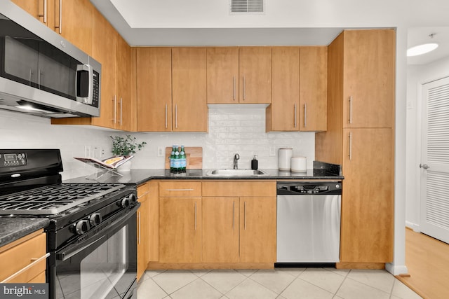 1021 N Garfield St Unit B37, Arlington, VA 22201 - kitchen with appliances with stainless steel finishes, a sink, decorative backsplash, and dark stone counters