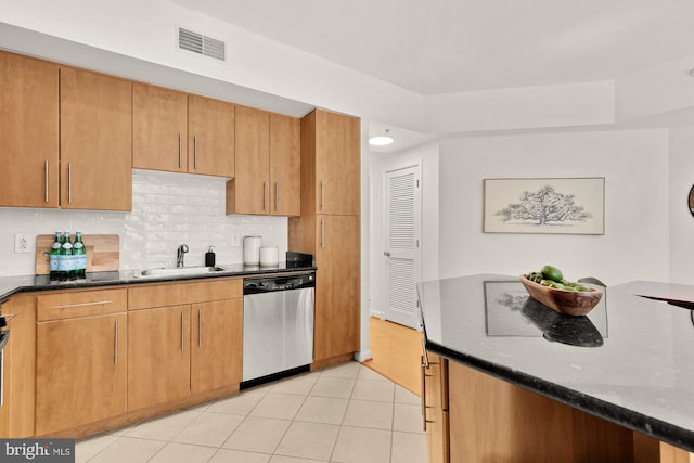 1021 N Garfield St Unit B37, Arlington, VA 22201 - kitchen with stainless steel dishwasher, a sink, dark stone counters, decorative backsplash, and light tile patterned flooring