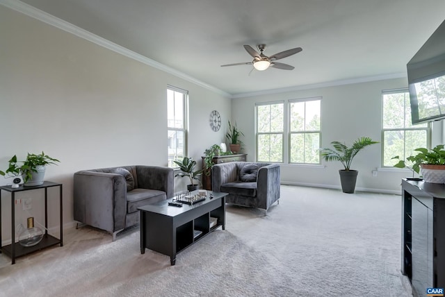 905 Flat Waters Ln, Charlottesville, VA 22911 - living room featuring carpet, ceiling fan, ornamental molding, and baseboards