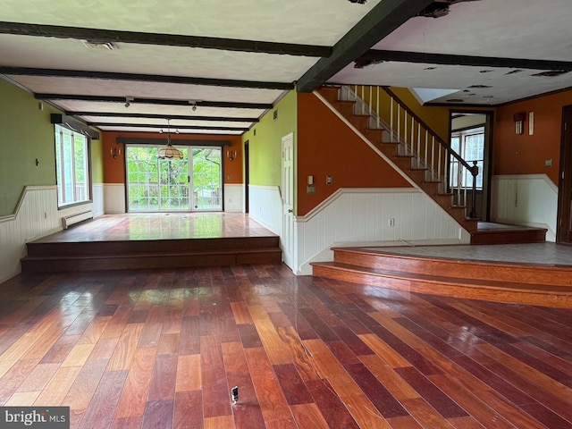 790 Hopewell Rd, Downingtown, PA 19335 - unfurnished living room featuring a wainscoted wall, a baseboard heating unit, hardwood / wood-style flooring, stairs, and beamed ceiling