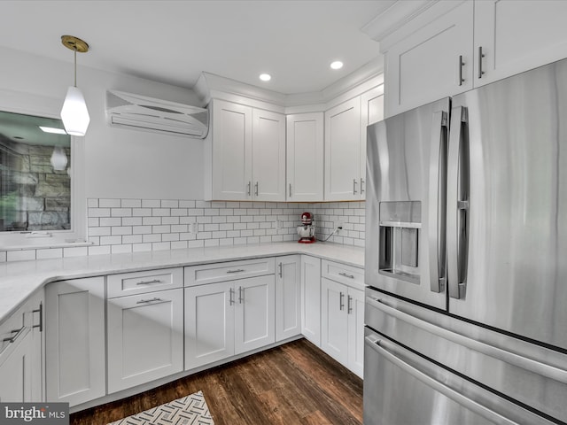 927 Thompson Ave, Jonestown, PA 17038 - kitchen featuring stainless steel fridge with ice dispenser, a wall mounted air conditioner, dark wood-style floors, white cabinetry, and recessed lighting