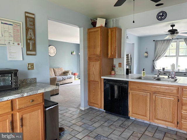 584 Meadow Ln, Pennsburg, PA 18073 - kitchen with dishwasher, a ceiling fan, a sink, light countertops, and open floor plan