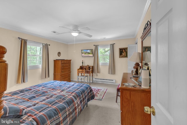 525 Center Dr, Severna Park, MD 21146 - bedroom featuring baseboard heating, multiple windows, carpet flooring, crown molding, and ceiling fan