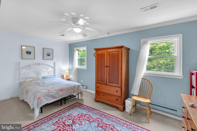525 Center Dr, Severna Park, MD 21146 - bedroom featuring a baseboard radiator, light colored carpet, ornamental molding, a ceiling fan, and baseboard heating