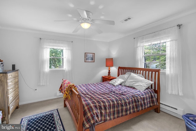 525 Center Dr, Severna Park, MD 21146 - bedroom with a baseboard heating unit, light carpet, ornamental molding, and a ceiling fan