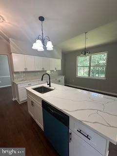 5920 Plata St, Clinton, MD 20735 - kitchen featuring dishwasher, a chandelier, white cabinetry, and light stone counters