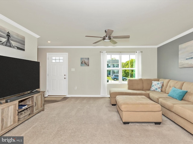 38 Herman Gaver Pl, Hagerstown, MD 21740 - carpeted living area with crown molding, ceiling fan, and recessed lighting