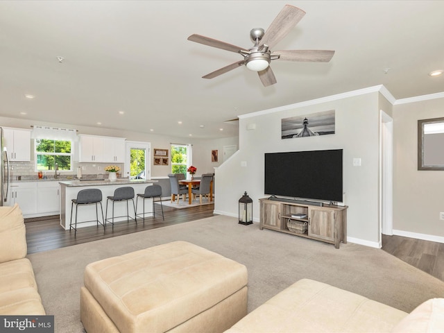 38 Herman Gaver Pl, Hagerstown, MD 21740 - living area with recessed lighting, a ceiling fan, ornamental molding, and carpet flooring