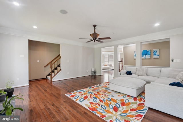 21550 Wild Timber Ct, Broadlands, VA 20148 - living area featuring ornamental molding, stairs, a ceiling fan, wood finished floors, and recessed lighting