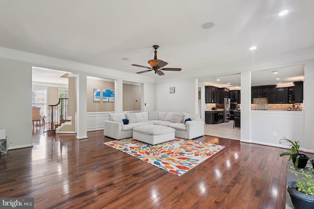 21550 Wild Timber Ct, Broadlands, VA 20148 - living room featuring crown molding, a ceiling fan, wood-type flooring, and recessed lighting