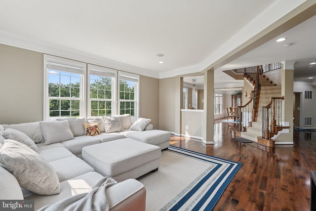21550 Wild Timber Ct, Broadlands, VA 20148 - living area featuring crown molding, stairs, wood finished floors, recessed lighting, and baseboards