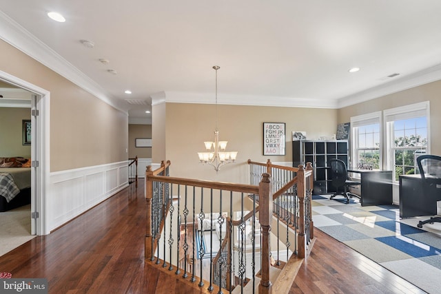 21550 Wild Timber Ct, Broadlands, VA 20148 - hallway featuring an upstairs landing, a chandelier, a desk, hardwood / wood-style floors, and recessed lighting